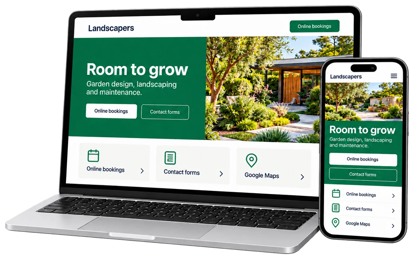 A modern website for a local landscaping business, shown on a laptop and a phone